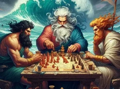 Poseidón, Zeus y Hades jugando a un juego de mesa