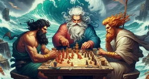Poseidón, Zeus y Hades jugando a un juego de mesa