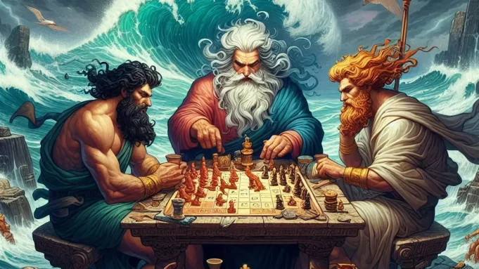 Poseidón, Zeus y Hades jugando a un juego de mesa Poseidón, Zeus y Hades jugando a un juego de mesa