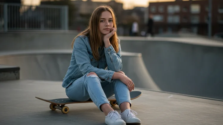 Modelo de 14 años con ropa urbana de moda