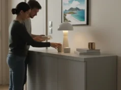 El papel de los tableros reconstituidos en la construcción ecológica Gente decorando un salón con un mueble de tableros reconstituidos