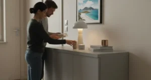 Gente decorando un salón con un mueble de tableros reconstituidos