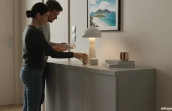 El papel de los tableros reconstituidos en la construcción ecológica Gente decorando un salón con un mueble de tableros reconstituidos