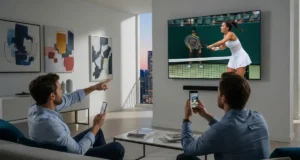 Hombres viendo tenis femenino en la televisión