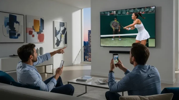 hombres viendo tenis femenino en la television Hombres viendo tenis femenino en la televisión