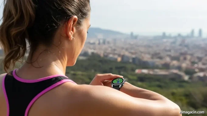 mujer-sudando-con-un -reloj-gps-en-la-mano-en-collserola Mujer sudando mientras mira su reloj con GPS en Collserola
