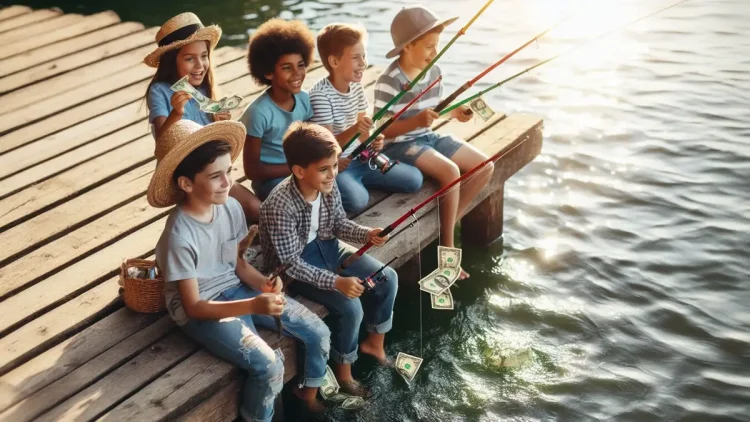 Niños pescando con dinero