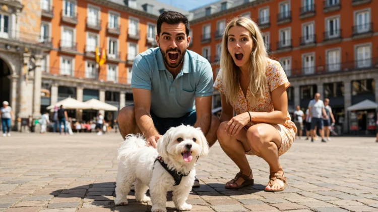 Pareja con perro en la plaza Mayor de Madrid