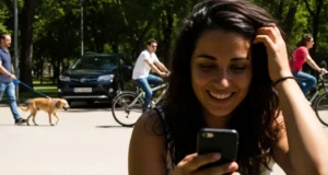 Una mujer jugando con un móvil en Madrid